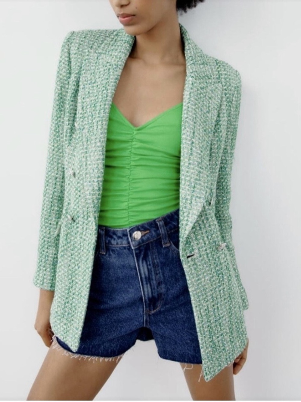 Zara Light Green Tweed Blazer Jacket - Women